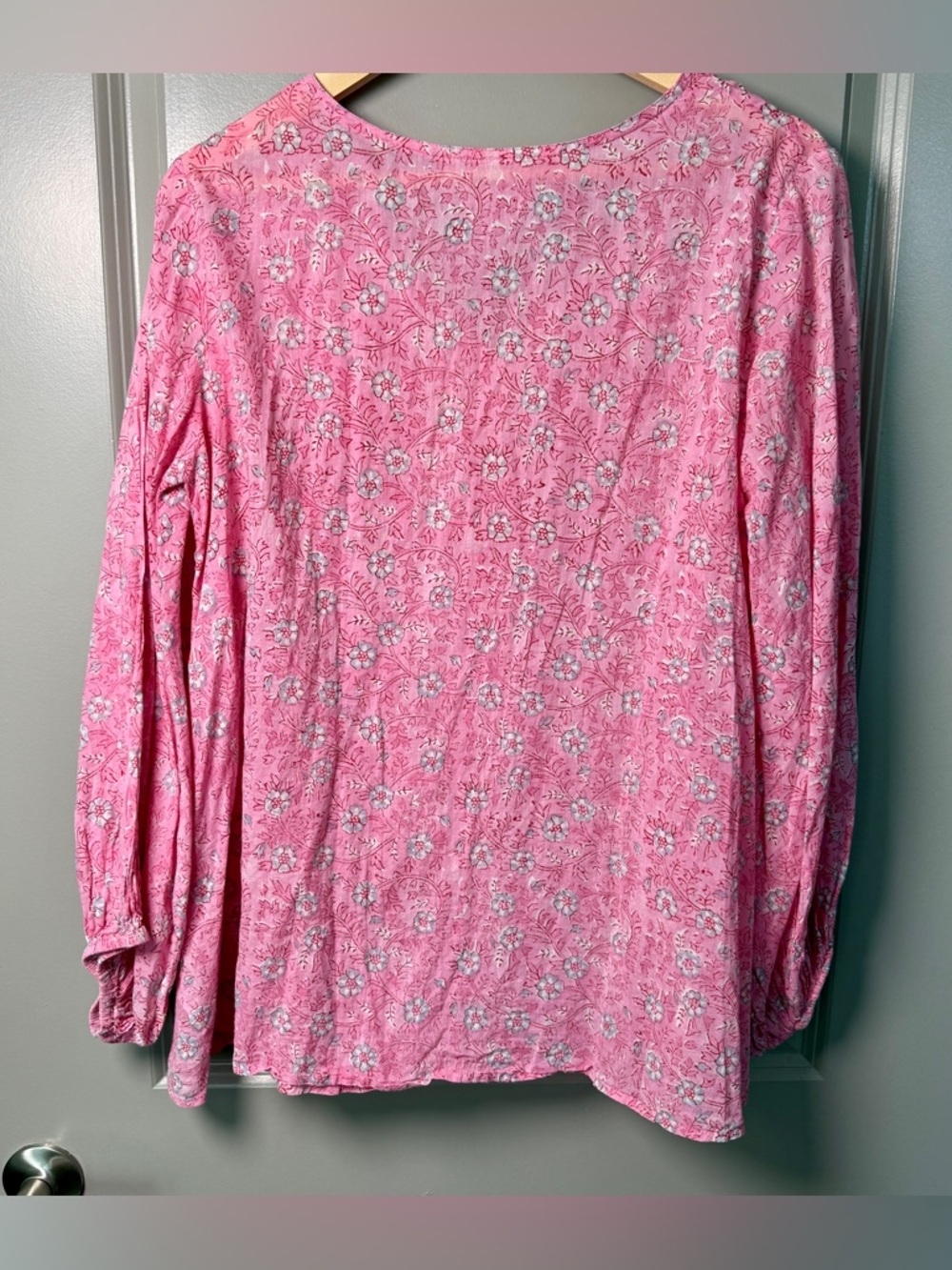 Emerson Fry India Collection Cotton Hand Block Print Blouse  | Pink Floral | M - Picture 6 of 7